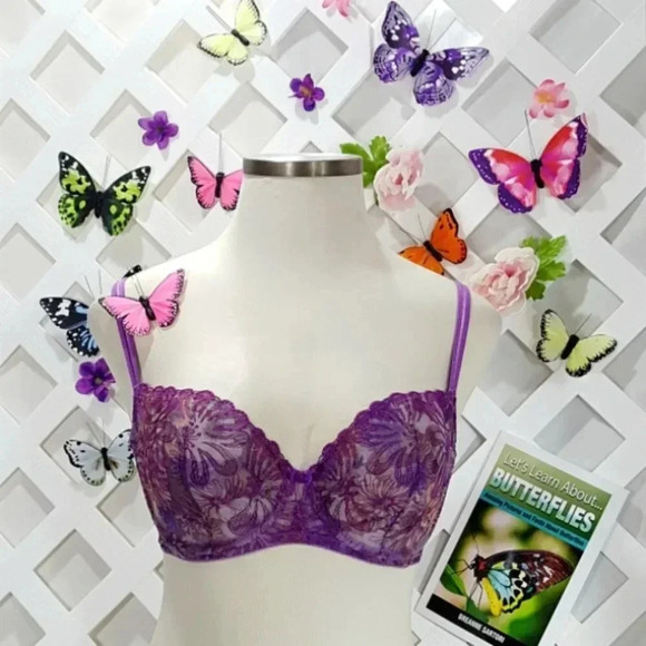 38C Paramour 115009 Ellie Demi Unlined Sheer Lace Underwire Bra Purple NWT - Picture 4 of 11